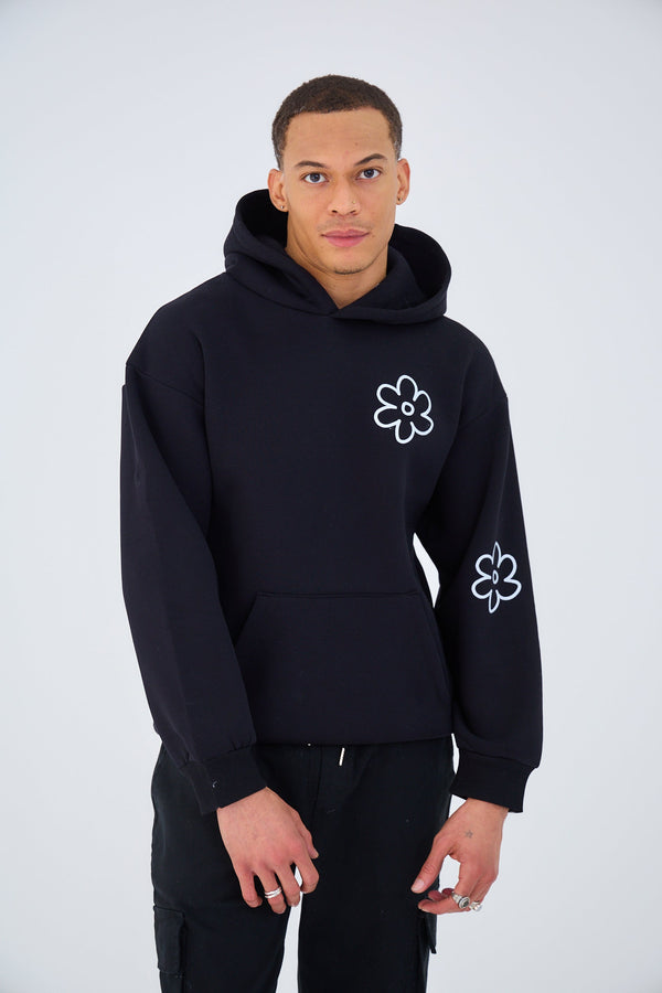 Sweat à Capuche Oversized Imprimé "FLOWER FIELD" - Noir