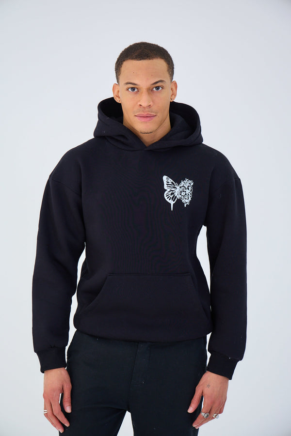 Sweat à Capuche Oversized Imprimé "BUTTERFLY FLOWER" - Noir