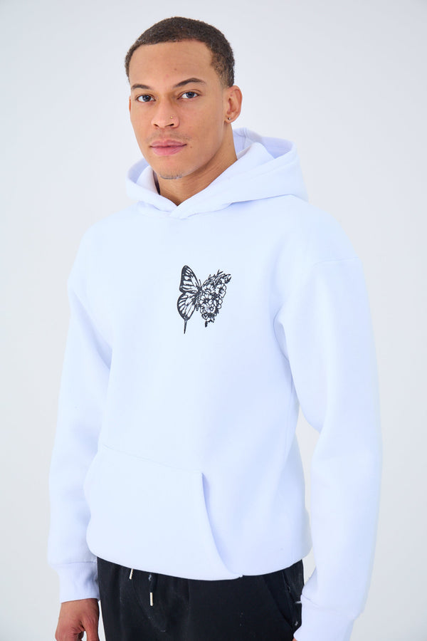 Sweat à Capuche Oversized Imprimé "BUTTERFLY FLOWER" - Blanc