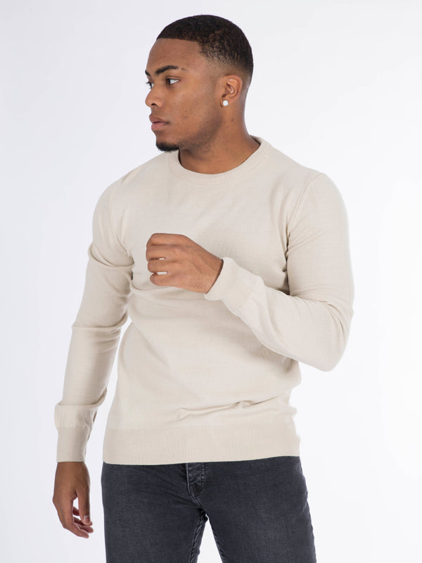 Pull en Maille Col Rond Uni - Beige