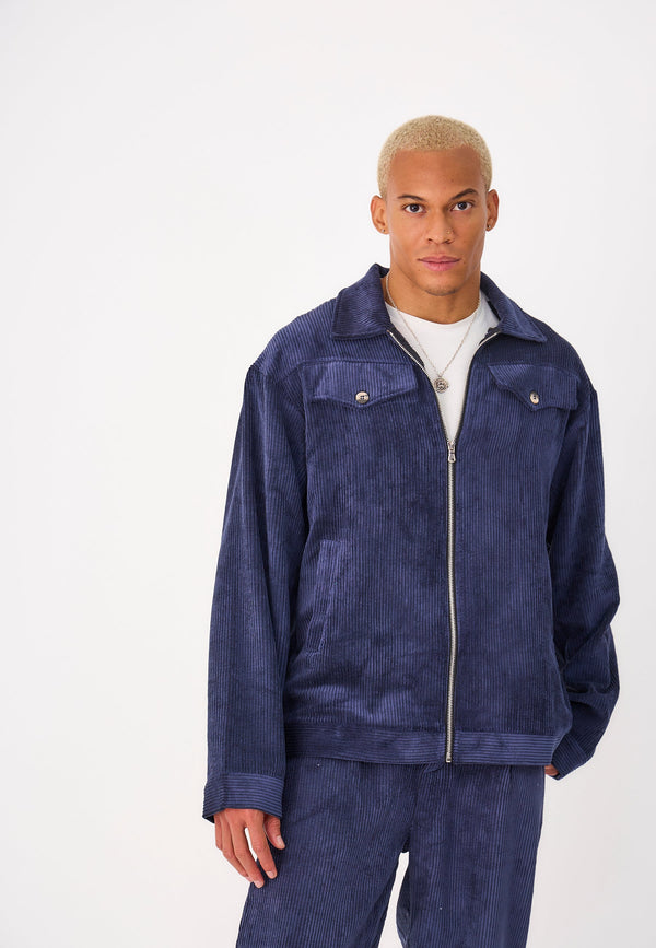 Veste Velours Côtelé Zippé Uni - Bleu Foncé