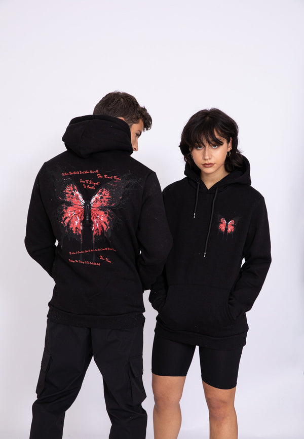 Sweat à Capuche Imprimé "Papillon Rose" Unisex - Noir